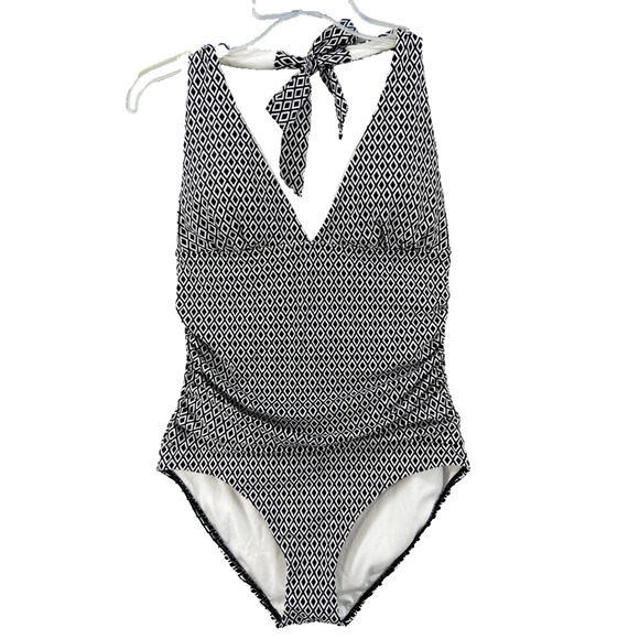 Lands' End Swimsuit Size 12 Halter Tie One Piece Swim Black White Diamond Print‎ - Picture 1 of 8